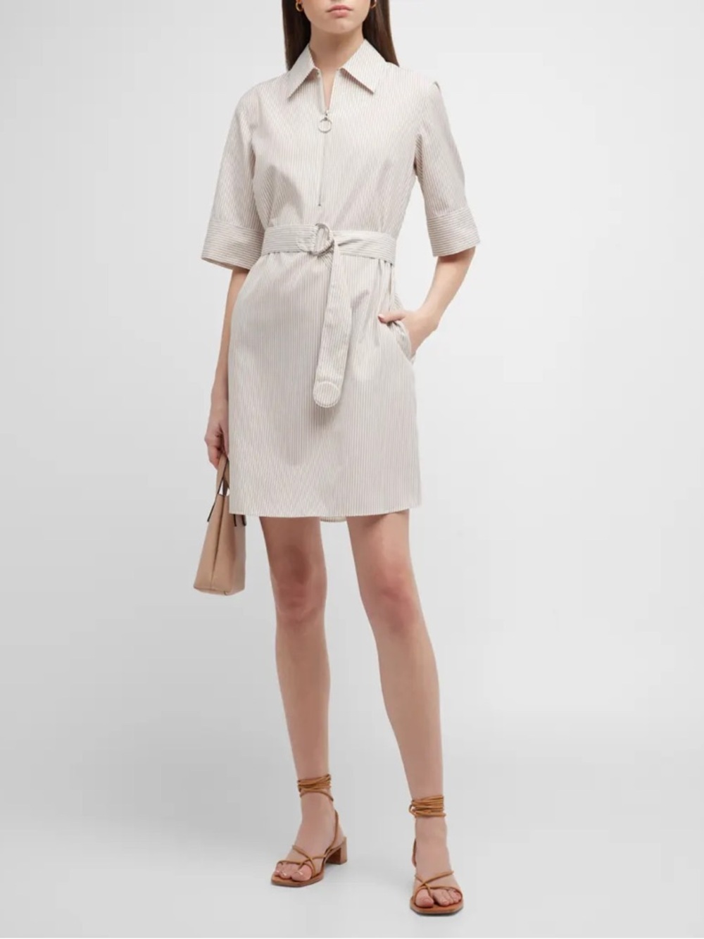 Akris Punto New Striped Belted Zip Front Poplin Shirt Dress Size US 8